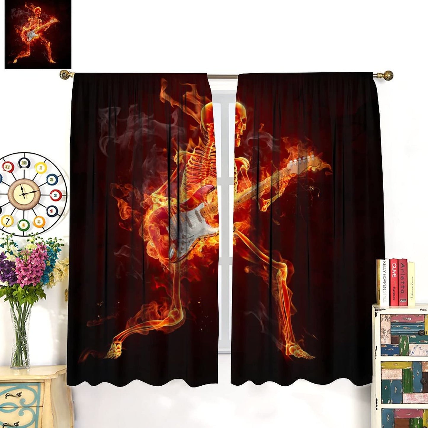 Guitars Music Curtain,Punk Rocker Cool Guitars Music Fiery Series Window Rod Pocket Curtains for Bedroom Living Room Home Decor W42xL45in