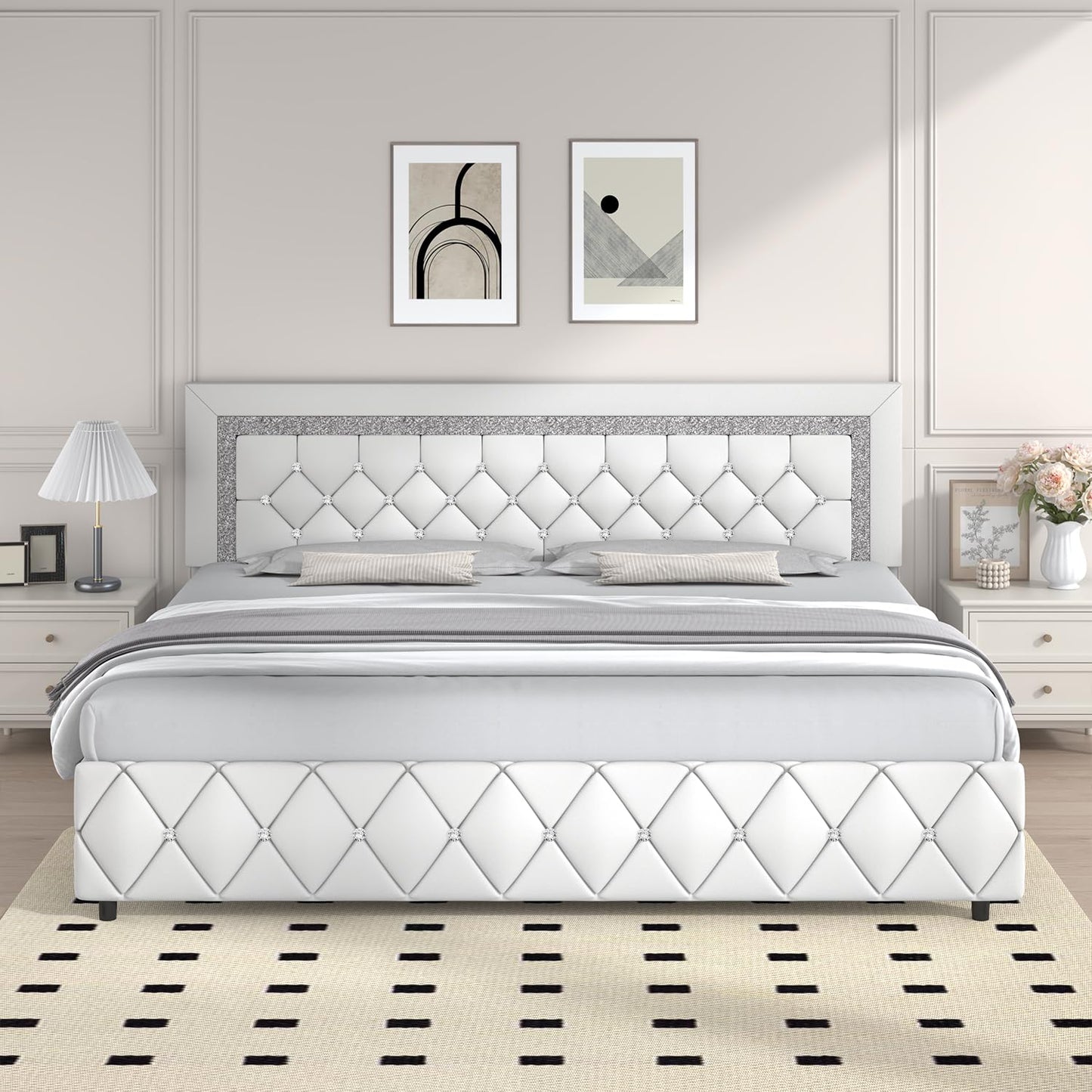 King Bed Frame, Faux Leather Platform Bed with Upholstered Diamond Headboard, Mattress Foundation with Strong Wooden Slats Support, No Box Spring Required, Easy Assembly, White