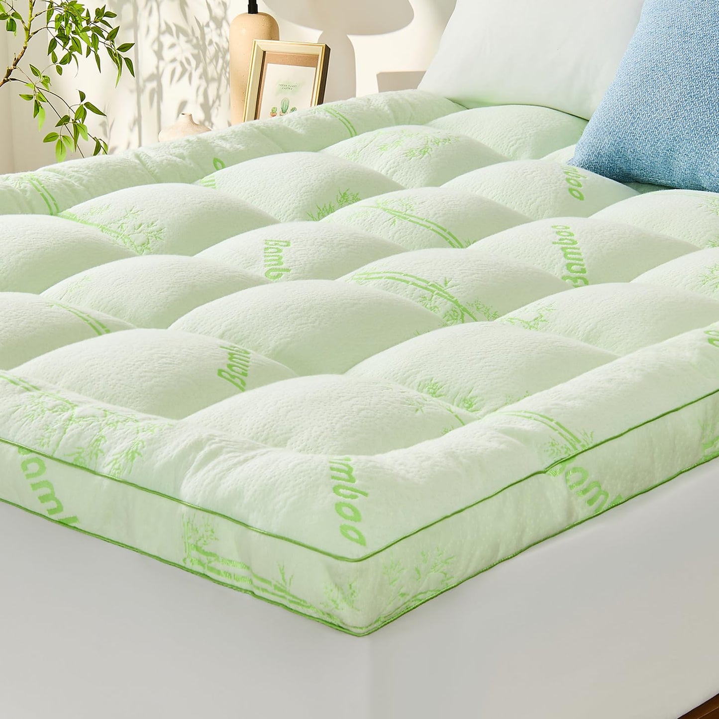 KRIMANO Memory Foam Mattress Topper - Viscose Made from Bamboo Pillow Top Thick Queen Size Mattress Pad for Back Pain, Ultra Soft & Cooling for Hot Sleepers, 6-18'' Deep Pocket, Green