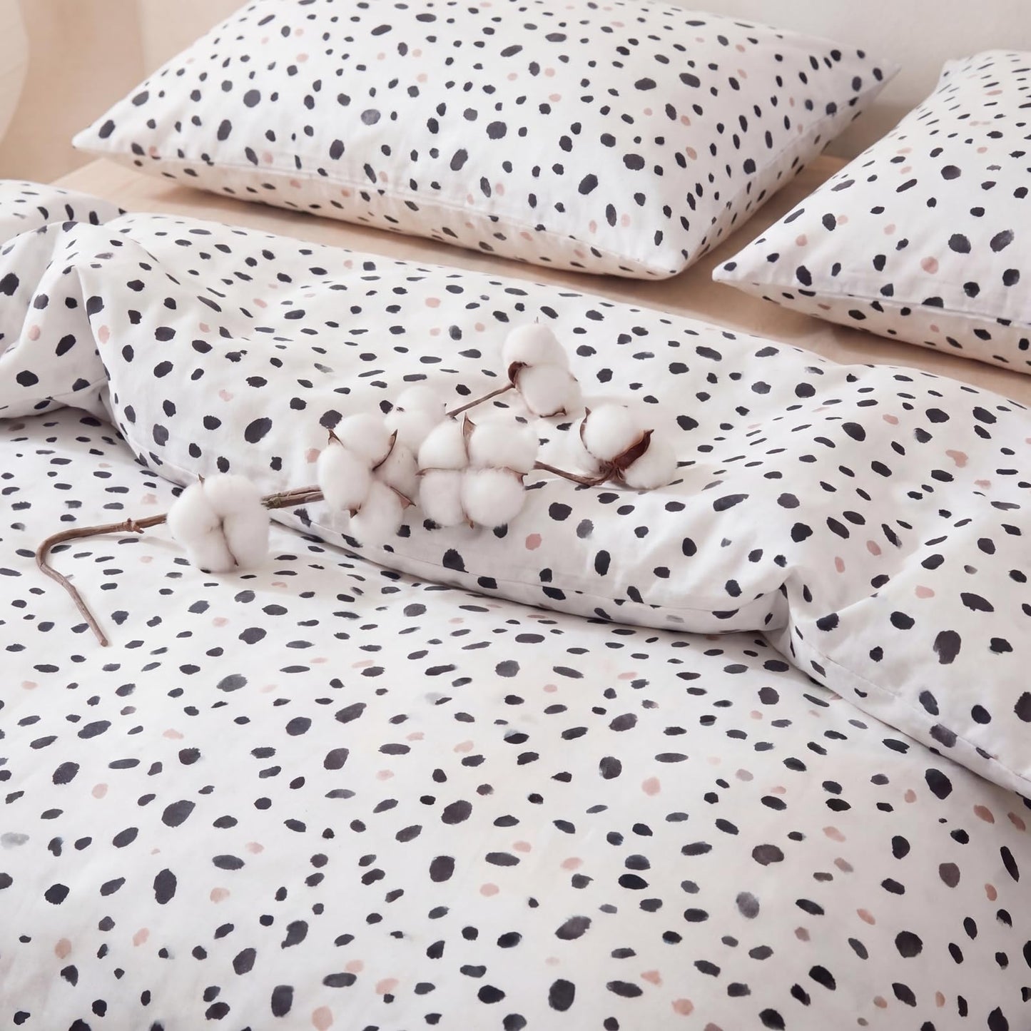 Cozaline 100% Cotton Duvet Cover Queen Size, Pink and Brown Dalmatian Spotted Bedding Set with Zipper Closure, Modern Irregular Speckled Comforter Cover with 2 Pillowcases for All Seasons