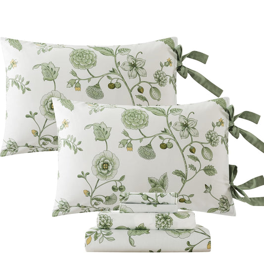 FADFAY King Size Sheets Premium Percale Cotton Green Floral Bed Sheet Set Shabby Vintage Chic Bedding Toile Sheets Flower Print Bowknot Soft Crisp Breathable Deep Pocket Fitted Sheets 17.5'' 4Pcs