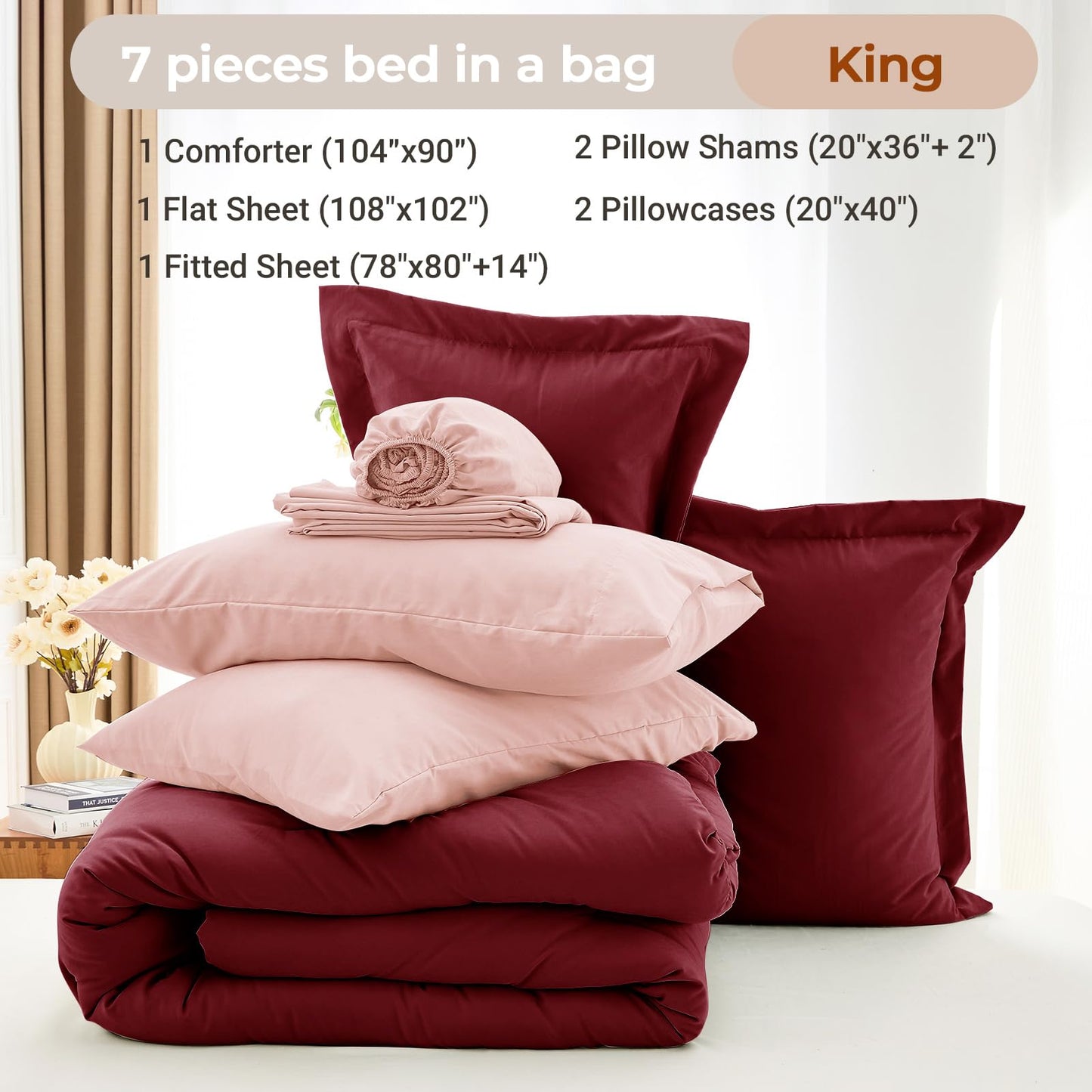 MUXHOMO 7 Pieces King Comforter Set, Soft Bed in a Bag King Size, All Season Bedding Set with Comforter, Flat Sheet, Fitted Sheet, Pillowcases & Shams, Burgundy & Rose Gold