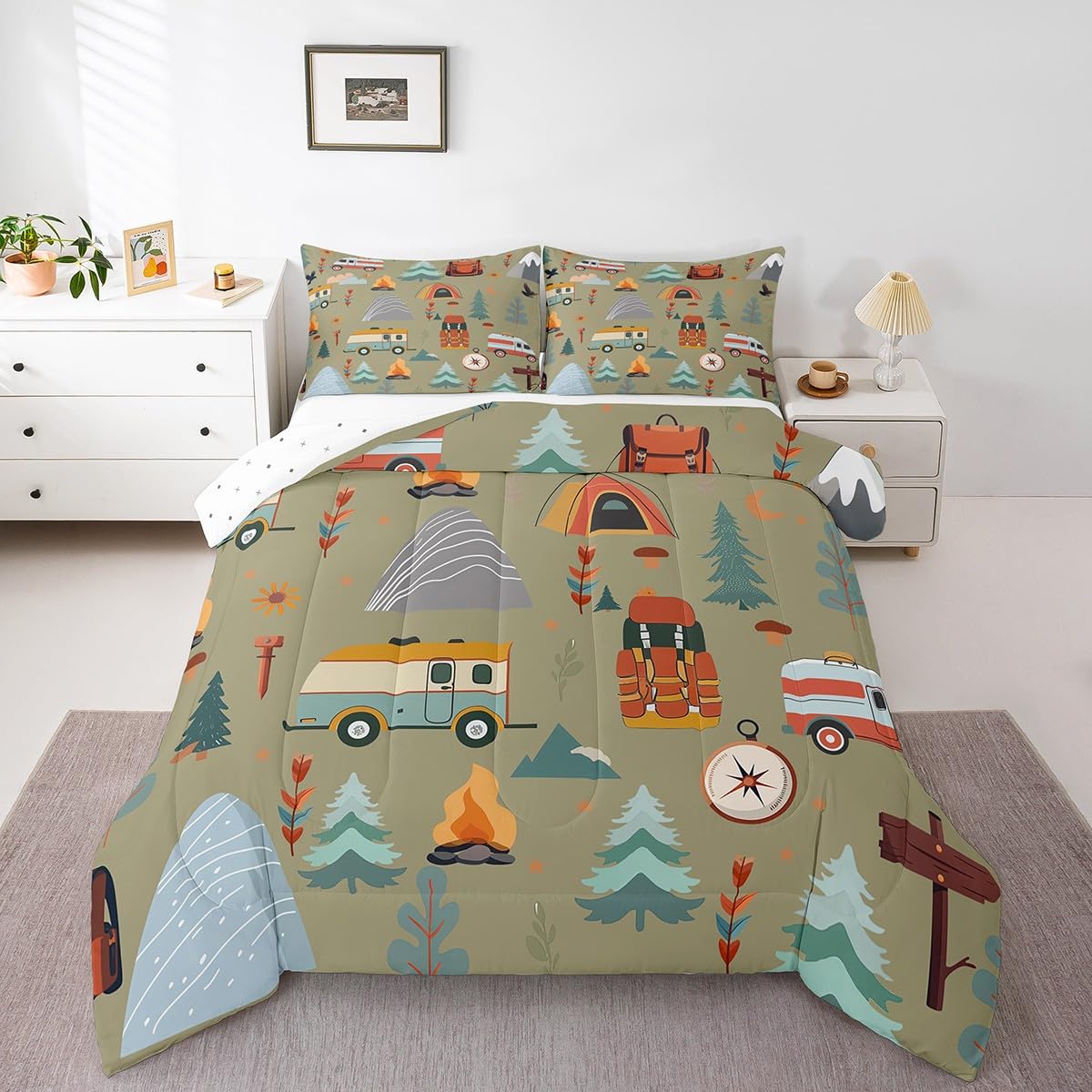Feelyou Happy Camping Comforter Set for Kids Boys Girls Full Size Outdoor Themed Bedding Set Soft Travel Bag Tent Print Duvet Quilt Travel Trailers Comforter Camping Gifts Duvet Quilt