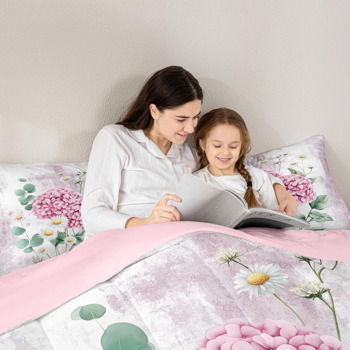 Erosebridal Watercolor Flowers Queen Comforter Set Abstract Oil Painting Hydrangea Bedding Set Rustic Farmhouse Bed Set Ombre Pink Green White Quilt Set