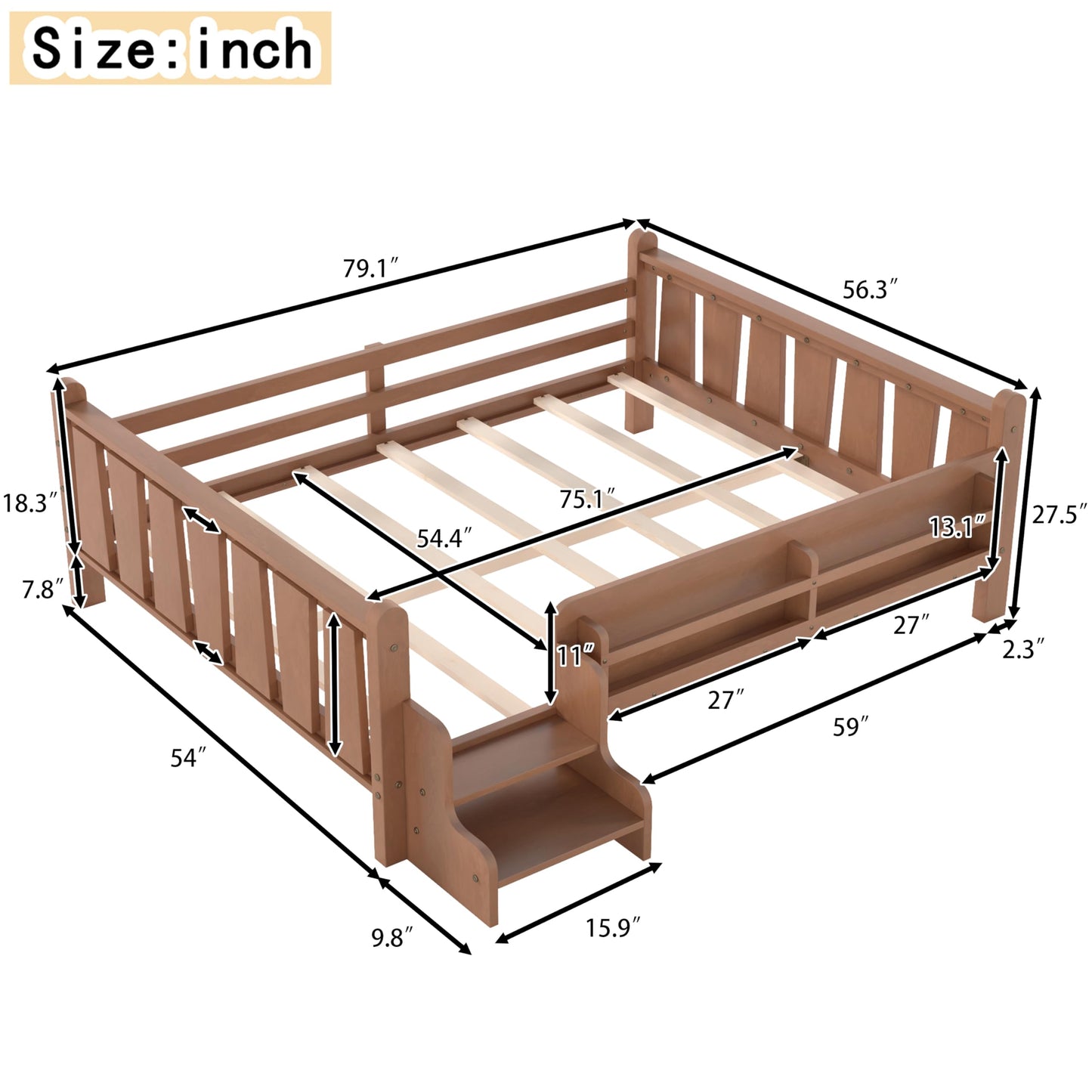 LUMISOL Kids Montessori Bed with Guardrail, Low Profile Bed Frame Full with Storage Shelves, Natural