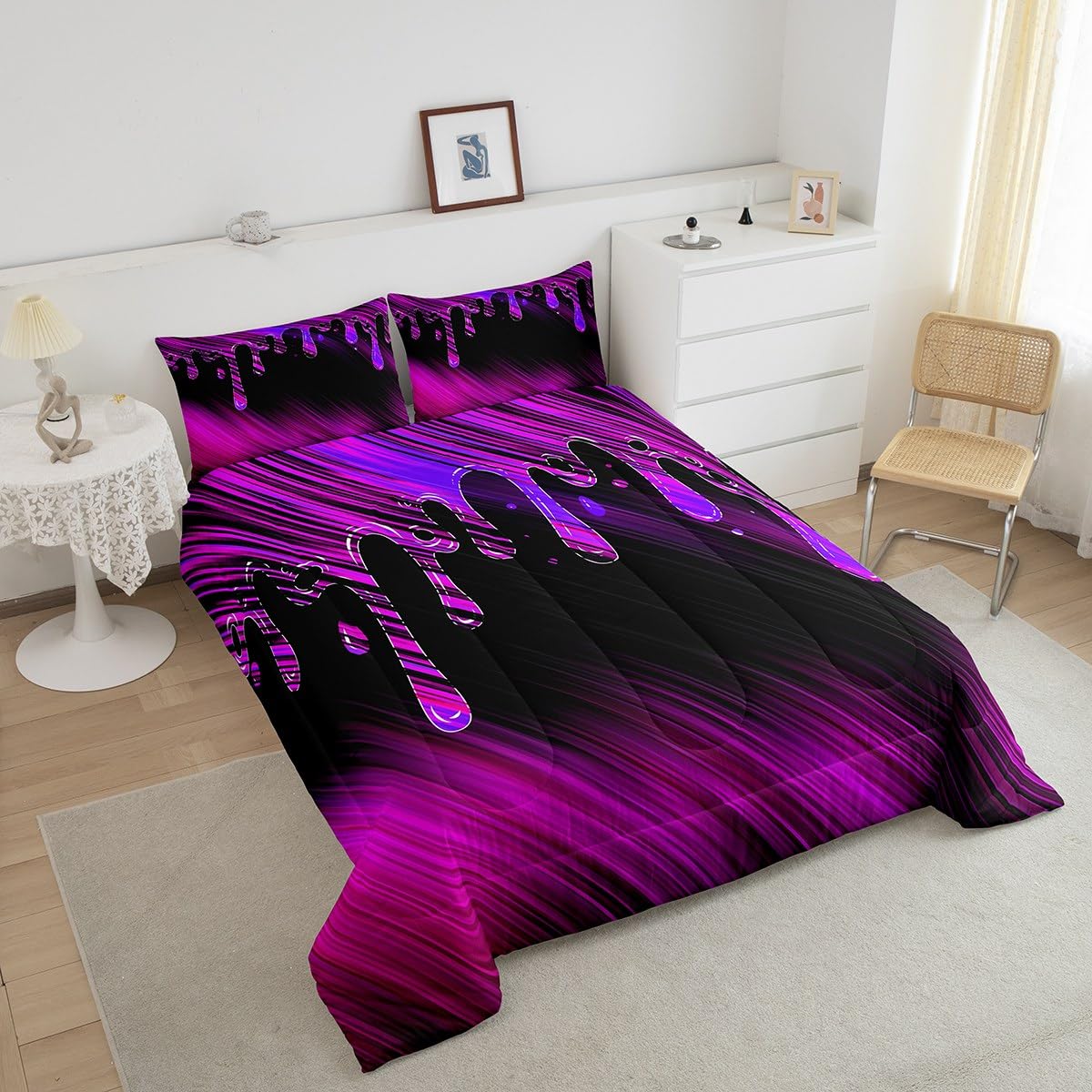 Feelyou Abstract Bedding Set Kids Ombre Purple Black Reversible Comforter Set Modern Art Comforter for Women Men Room Decor Drop-Shaped Duvet Set Full Size with 2 Pillow Case