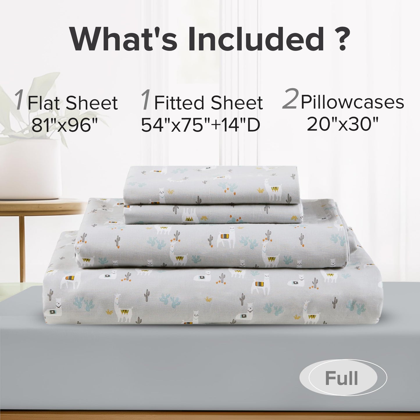Comfort Spaces 100% Cotton Sheet Set Breathable, Lightweight, Soft with 14" Elastic Pocket Fits up to 16" Mattress, All Season Cozy Bedding, Matching Pillow Case, Full Lama Multi 4 Piece