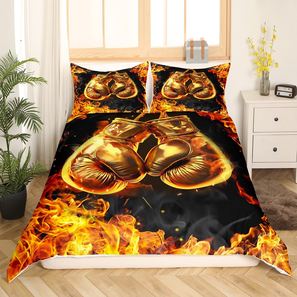 Manfei Boxing Sport Duvet Cover Set Golden Boxing Gloves Bedding Set 3pcs for Kids Boys Teens Yellow Fire Print Comforter Cover Microfiber Bedspread Cover with 2 Pillow Cases(No Comforter) Queen Size