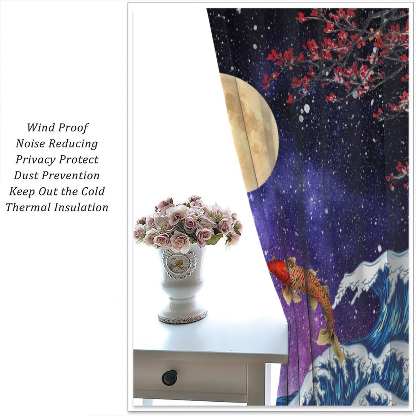 Koi Asian Oriental Cherry Blossom Moon Sea Wave Pattern Curtains for Bedroom Living Room Kitchen - Blackout Privacy Noise Reduction - 42x45 Inches 2 Panels