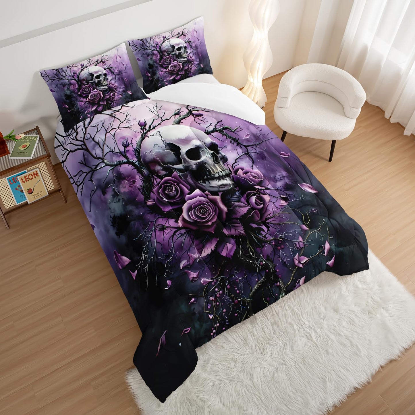 HOSIMA Death Skull Queen Bedding Sets,Skull Surrounded by Flowers Print Gothic Comforter Set,Branch Pattern Horror Themed Halloween Comforter for Women Girls Room Decor with 2 Pillowcases.