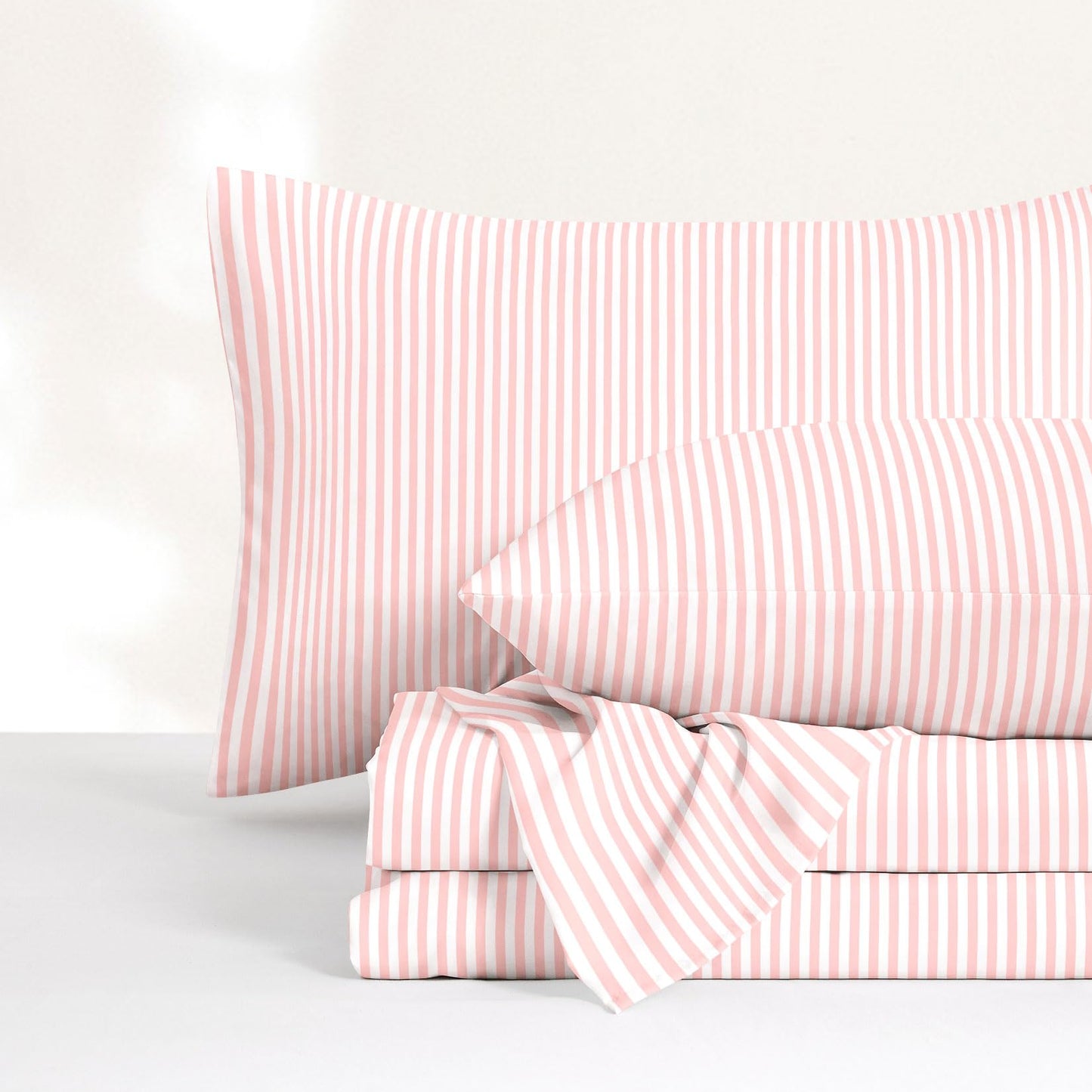 Wake In Cloud - Striped Bed Sheets, 4-Piece Sheet Set, Ticking Vertical Pin Stripe Modern Farmhouse Pattern Printed Bedding, Deep Pocket, Pink White, Queen Size
