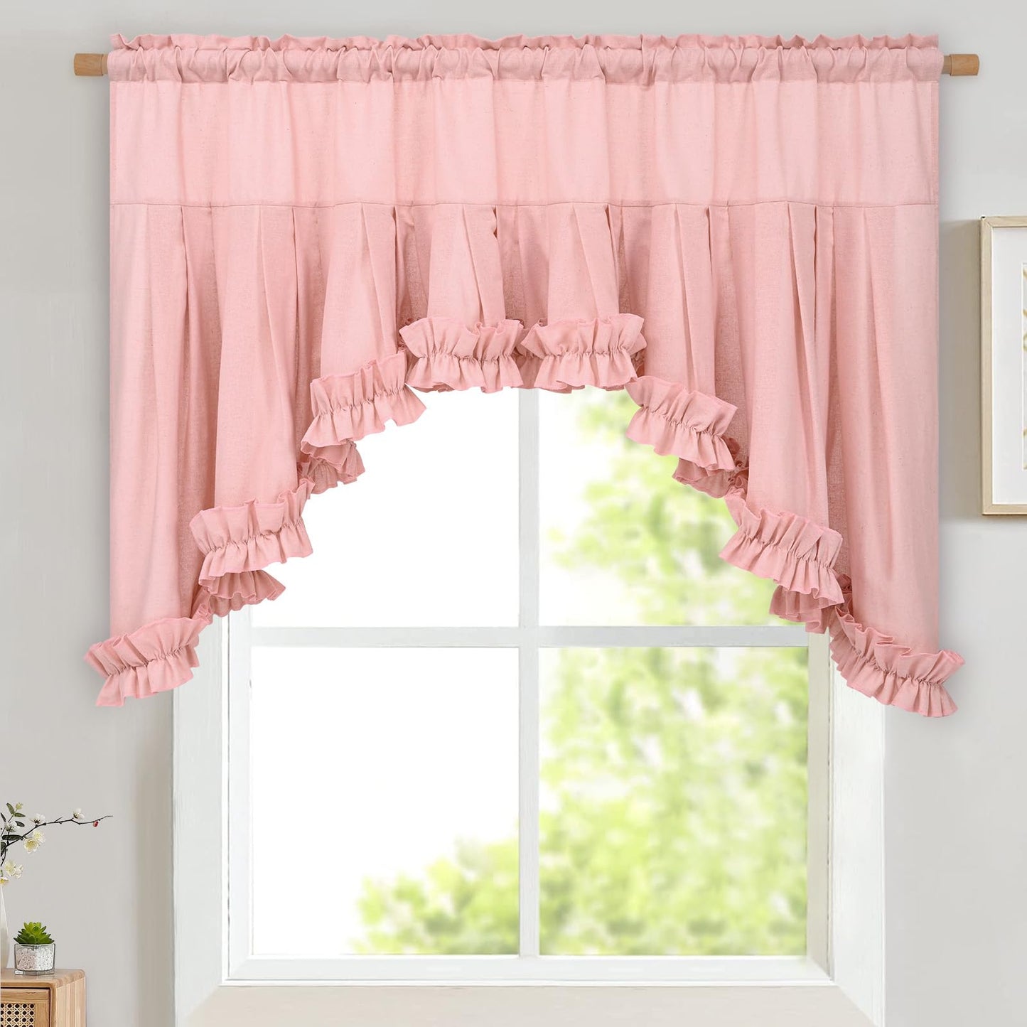 Likiyol Linen Valances for Windows Farmhouse Ruffle Swag Valance Rustic Country Window Valances Light Filtering Kitchen Curtains Rod Pocket Valance Curtains for Bathroom Cafe, Pink, 60" W x 36" L
