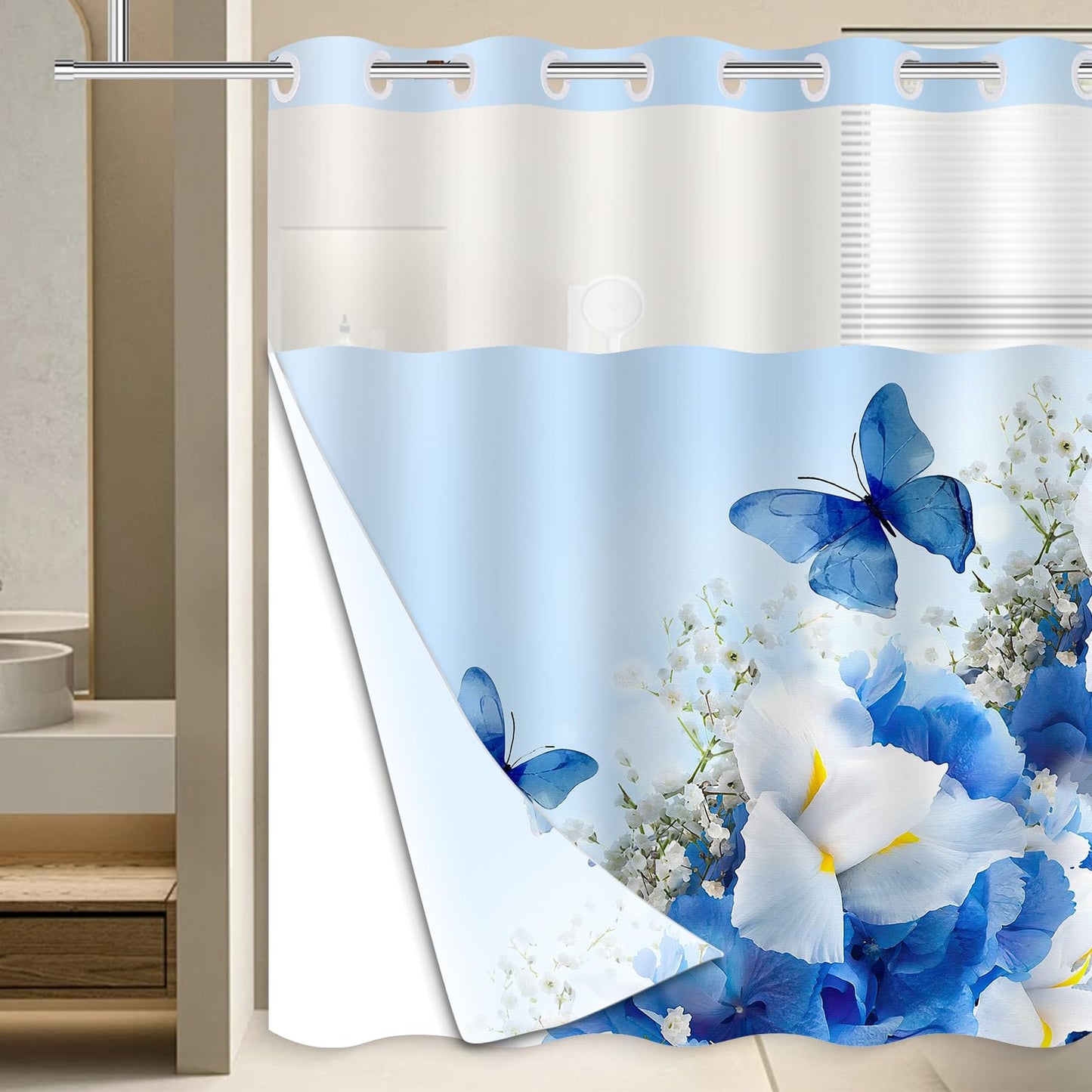 Mowxune No Hook Nature Shower Curtain with Snap in Fabric Liner Set,Bule Flowers and Butterfly Shower Curtains for Bathroom Clearance,Double Layers Waterproof,71x74 in