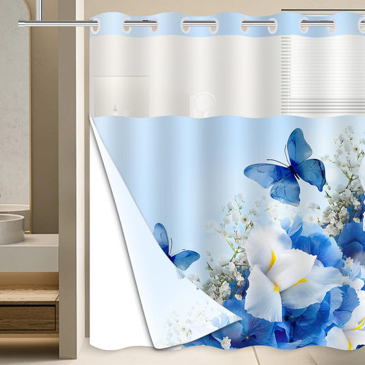 Mowxune No Hook Nature Shower Curtain with Snap in Fabric Liner Set,Bule Flowers and Butterfly Shower Curtains for Bathroom Clearance,Double Layers Waterproof,71x74 in