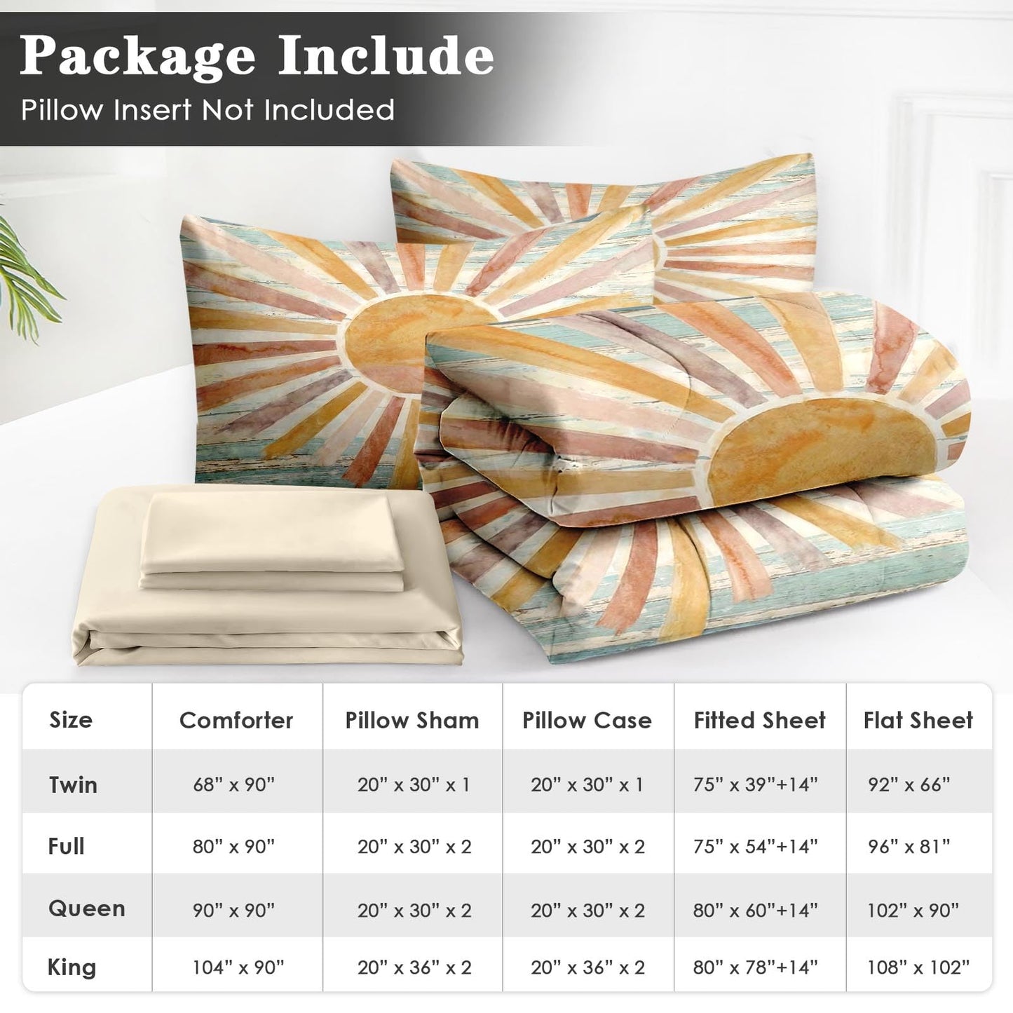 WeCozy 5 Pcs Twin Size Comforter Set with Pillowcase & Sham, Boho Sun Sunshine Bedding Set for Kids and Adults, Coastal Retro Bed in a Bag with Flat Sheet and Fitted Sheet