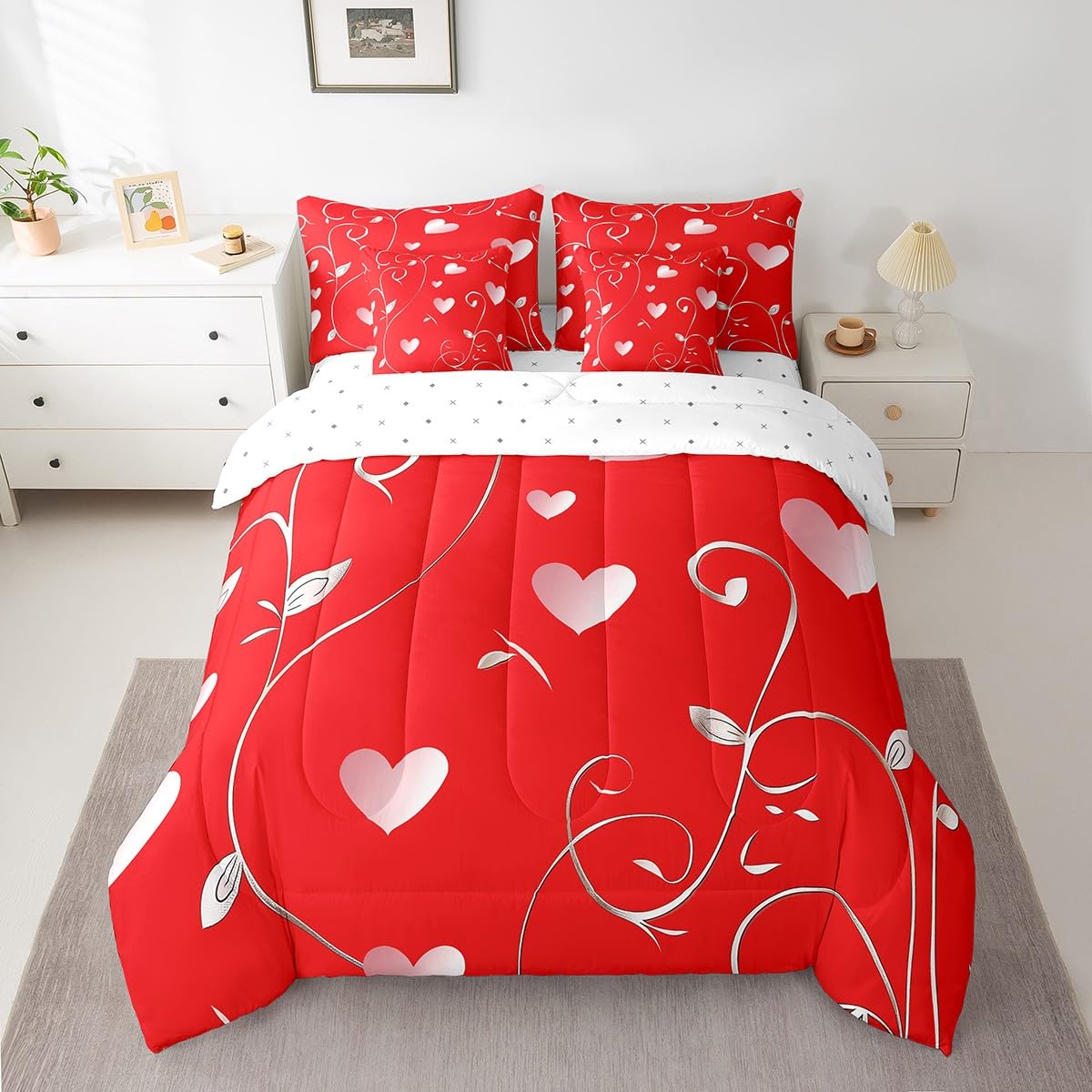 Erosebridal Valentine Day Queen 7 Piece Comforter Set with Sheets - Coquette Romantic Love Bedding Sets with Fitted + Flat Sheet, Pillowcases for Kids Girls Women Couples Valentines Bedroom Decor