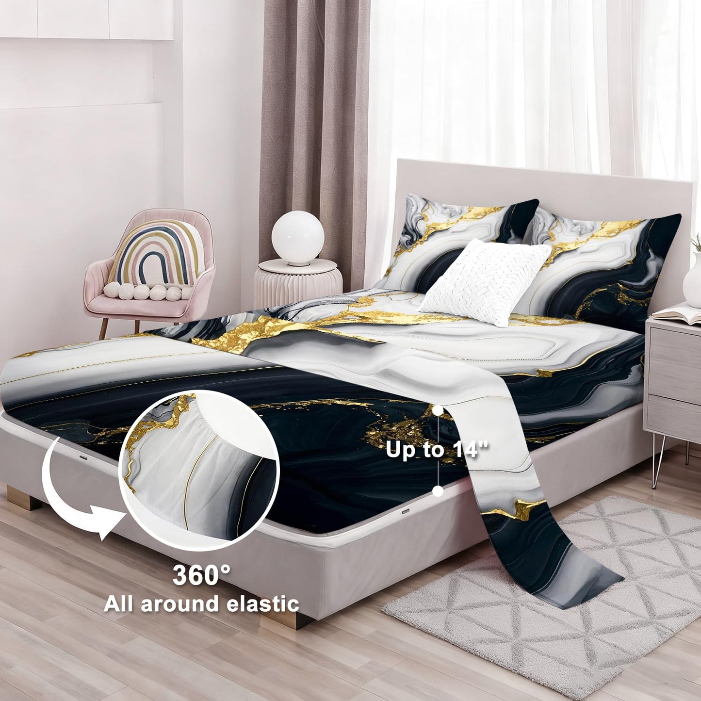 VTKON Black Gold Marble Sheets Sets Twin Size Elegant Marbling Fitted Sheet Set 3D Marble Bed Sheet for Kids Teens Adults Modern Bedspread 1 Fitted Sheet+1 Flat Sheet+1 Pillowcase