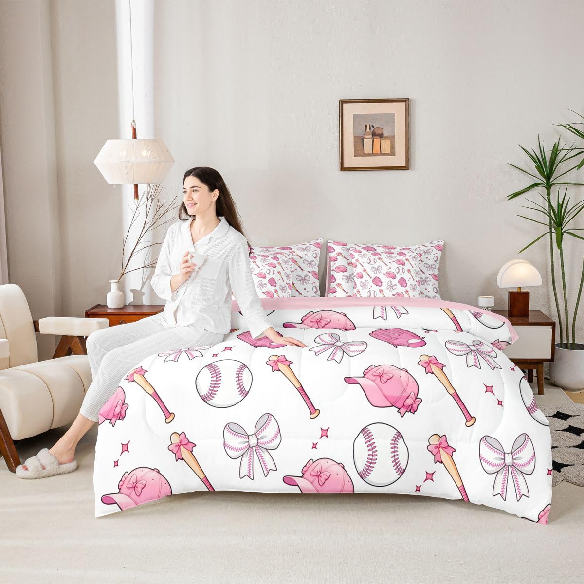 Castle Fairy Baseball Bow 7 Piece Comforter & Sheet Sets Full Size,Pink Bowknot Bedding Set Baseball Bat and Cap Bed in a Bag Cute Girly Sports Flat & Fitted Sheets,4 Pillow Covers