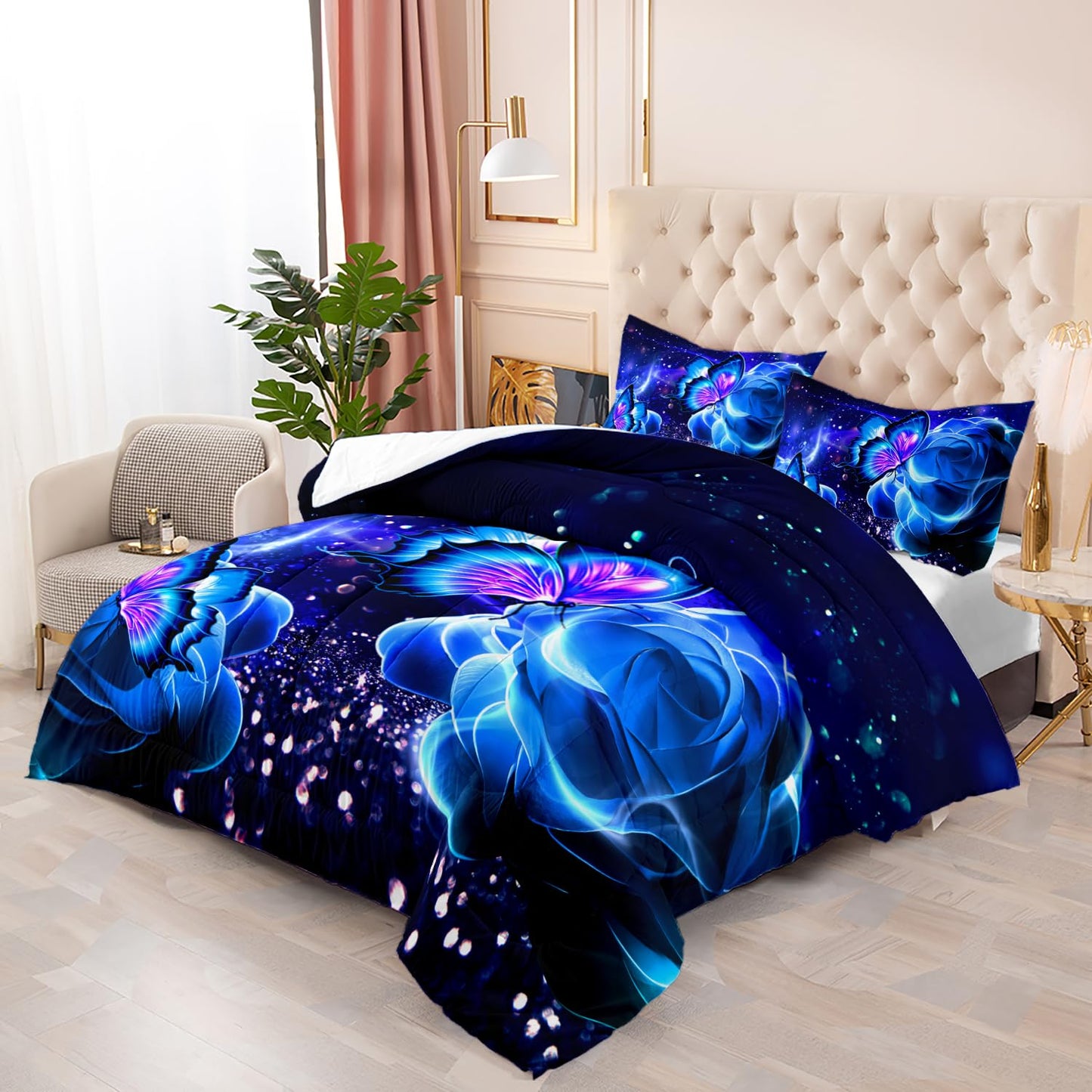 XYNHML Galaxy Butterfly Comforter Set Twin Size for Girls Kids Adults Butterfly Rose Bedding Set Aesthetics Butterflies Quilt Bed Set with 1 Comforter and 2 Pillowcases