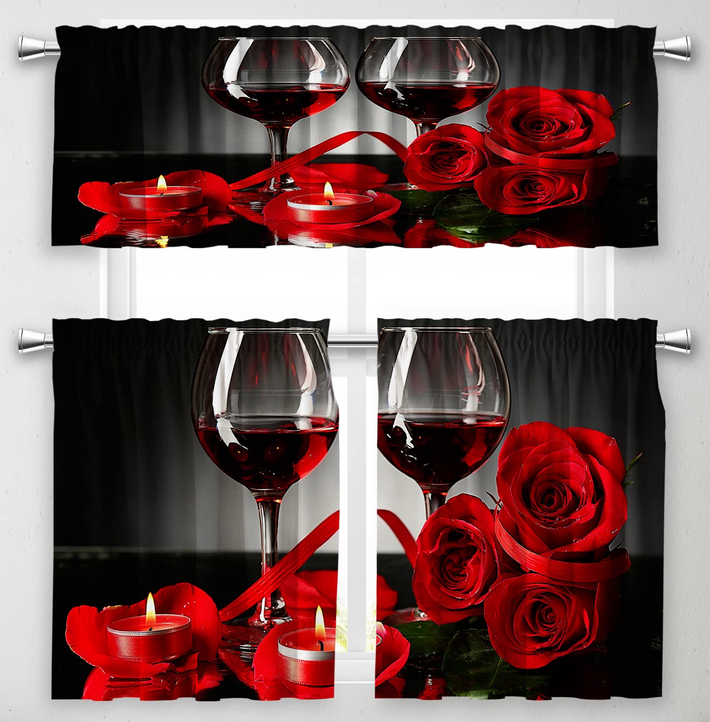 FNLNDO Red Wine Rose Kitchen Curtains and Valances Set 3 Pieces Red Rose Kitchen Curtains Floral Window Treatments for Cafe Living Room