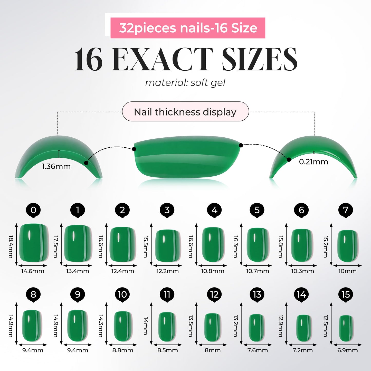 UNA GELLA Square Press On Nails - 32Pcs 16 Sizes Vibrant Kelly Green Fake Nails with Glue and Adhesive Tabs, Opaque Reusable Glue On Nails Kit for Women Manicure