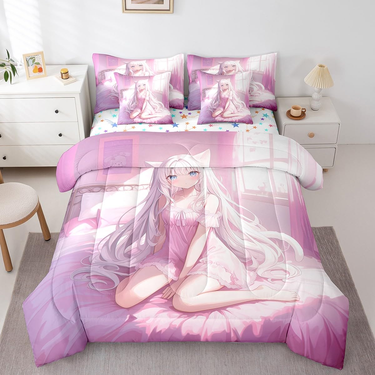 Erosebridal Twin Size Japanese Anime 7 Piece Comforter Set, Anime Girl Bedding Set Kawaii Japanese Style Bed in A Bag Cartoon Japan Animation Sheet Set for Boys Teen Adult Women Bedroom,Pink