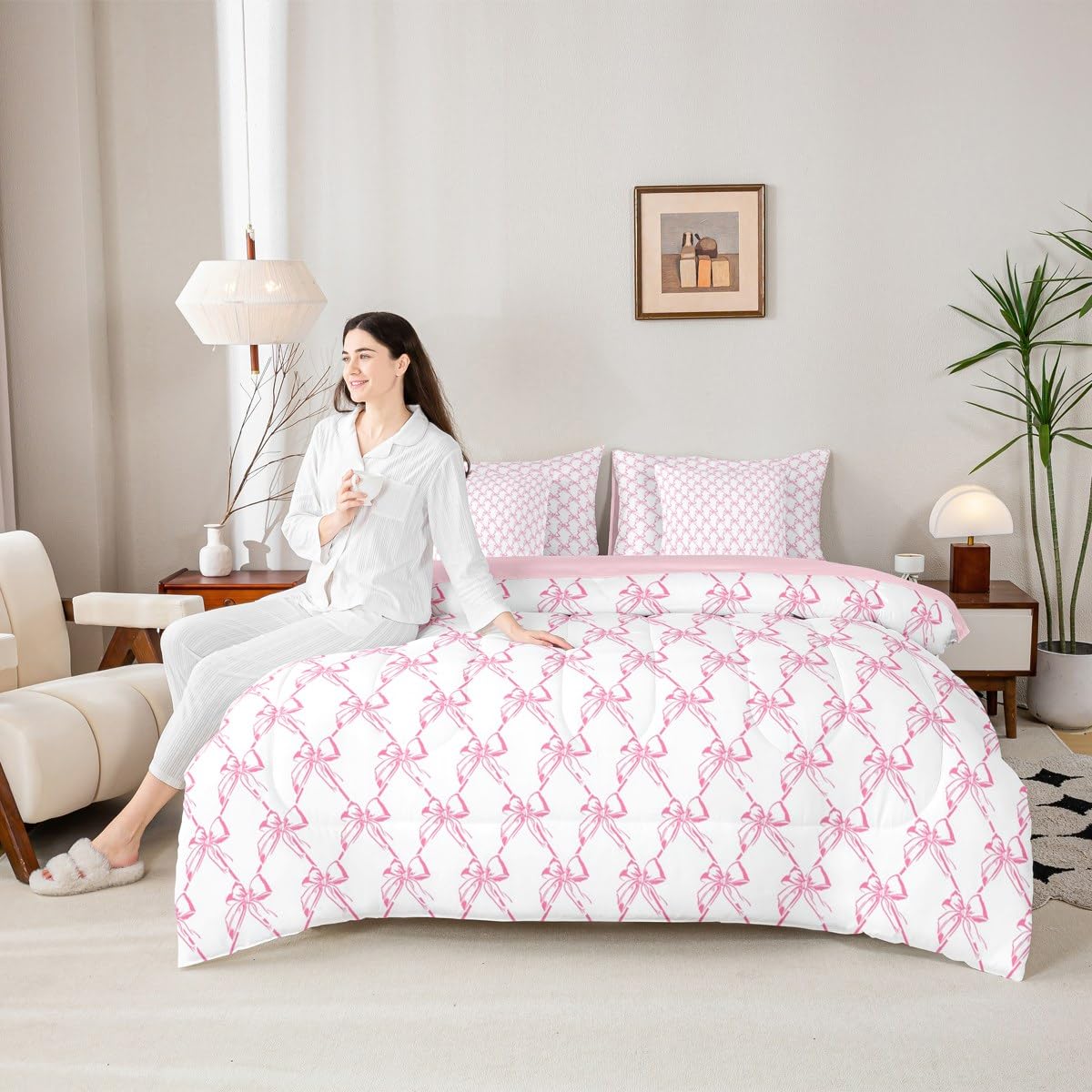 Erosebridal Girls Bowknot 7 Piece Comforter Set King Size | Cute Pink Bow Coquette Bedding Set Girly Bow Tie Comforter Dreamy Princess Style Sheets Butterfly Knot Aesthetic Quilt Room Decor