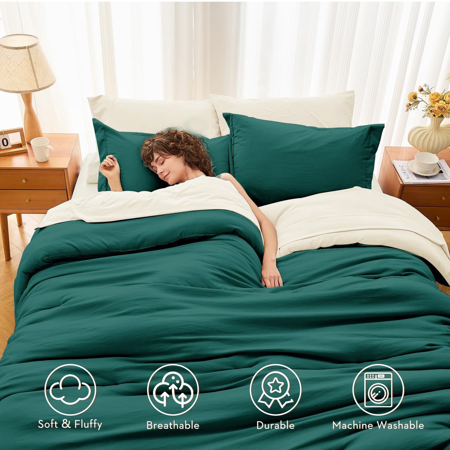 MUXHOMO 7 Pieces King Comforter Set, Soft Bed in a Bag King Size, All Season Bedding Set with Comforter, Flat Sheet, Fitted Sheet, Pillowcases & Shams, Peacock Blue & Ivory