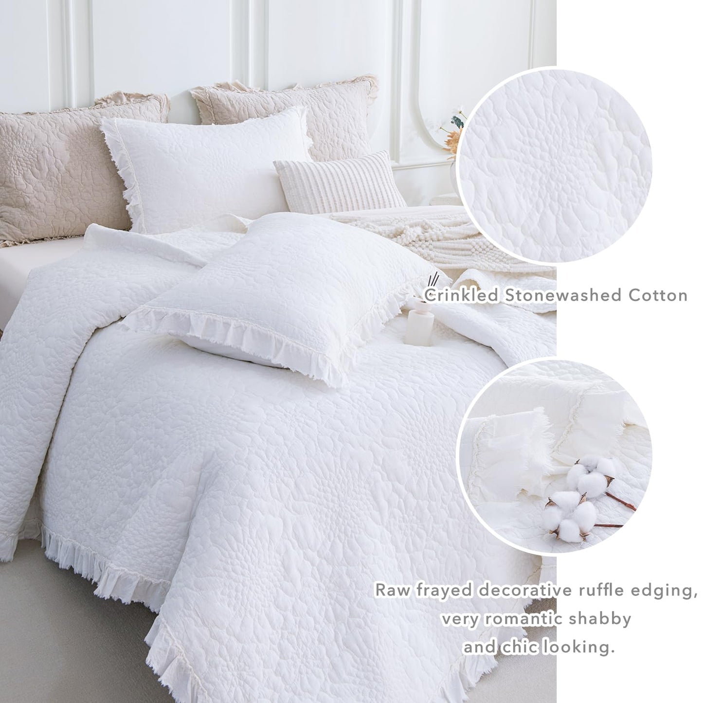 QSH Bright White Stonewashed Cotton Oversized King Quilt Bedspread Set(120"x120"),3PCs Shabby Ruffled Quilt California King,Ultra Soft Lightweight Crinkled Farmhouse Chic Bedspread Coverlet Bed Set