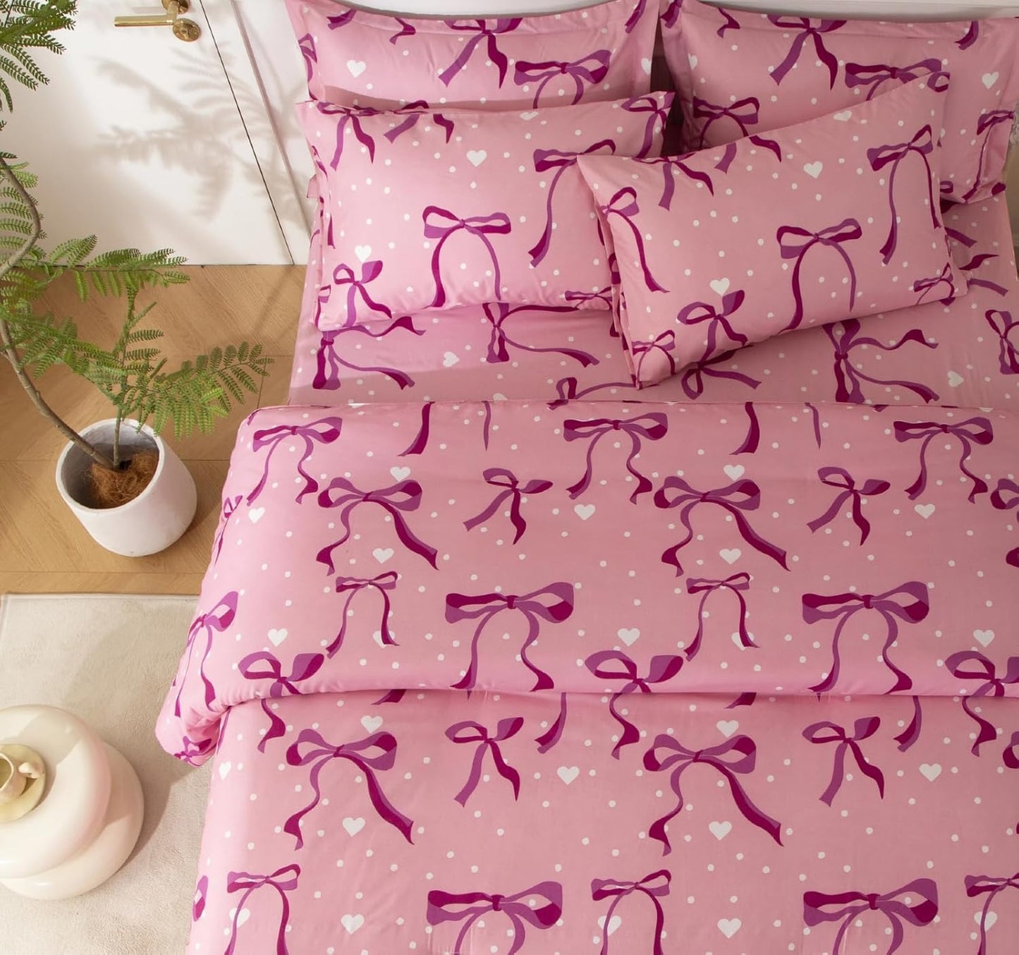 SDY Pink Bow Twin Size Comforter Set, Luxury Soft Bed in a Bag Twin 5 Pieces, All Season Bedding Set with Comforters, Sheets, Pillowcase & Sham