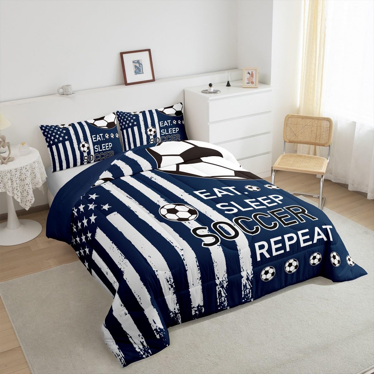 Feelyou Soccer Ball Game Kids Boys Girls Bedding Set Queen Size Football Comforter Set Ultra Soft Rugby Sports Comforter Flag Print Duvet Quilt Bedroom Decor Rugby Game Quilt