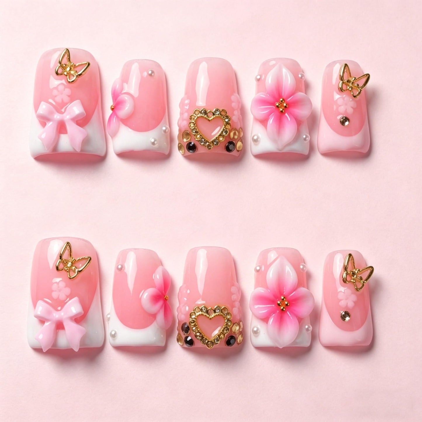 Handmade Press on Nails 3D Cute Glue on Nails for Women, Luxury Duck Nail Art Design, Fake Nails with 3D Nail Charms Size M 10