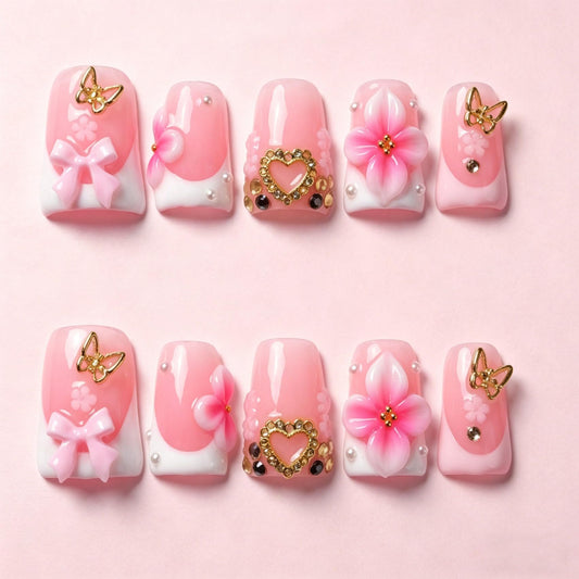 Handmade Press on Nails 3D Cute Glue on Nails for Women, Luxury Duck Nail Art Design, Fake Nails with 3D Nail Charms Size M 10
