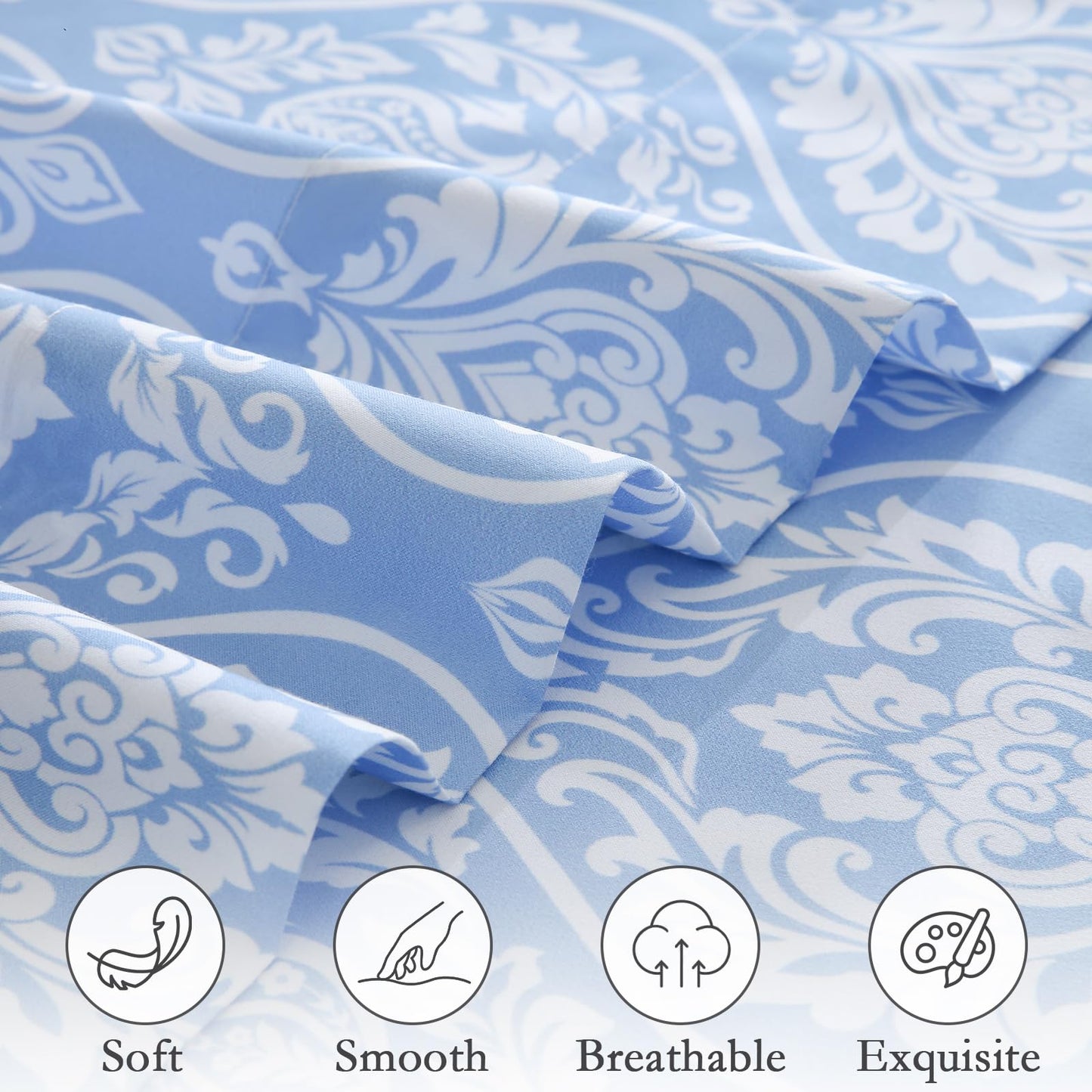 ChicView Queen Size Paisley Printed Sheet Set,4 Pieces Boho Style Breathable Soft Microfiber Bedsheets, Anti Pilling Deep Pockets Easy Care Bed Sheets, White Blue