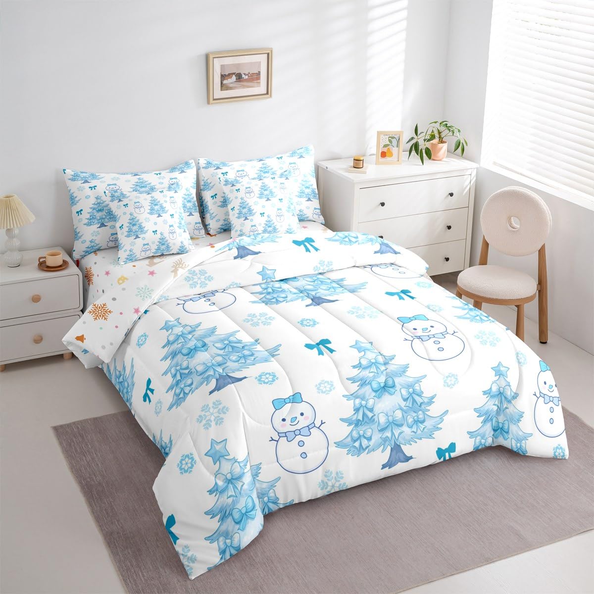 Feelyou Merry Christmas Twin Comforter Set with Sheets for Kids Boys Girls Cute Snowman 7 Pieces Bedding Set Cartoon Bowknot Bed in a Bag Christmas Tree Room Decor Soft