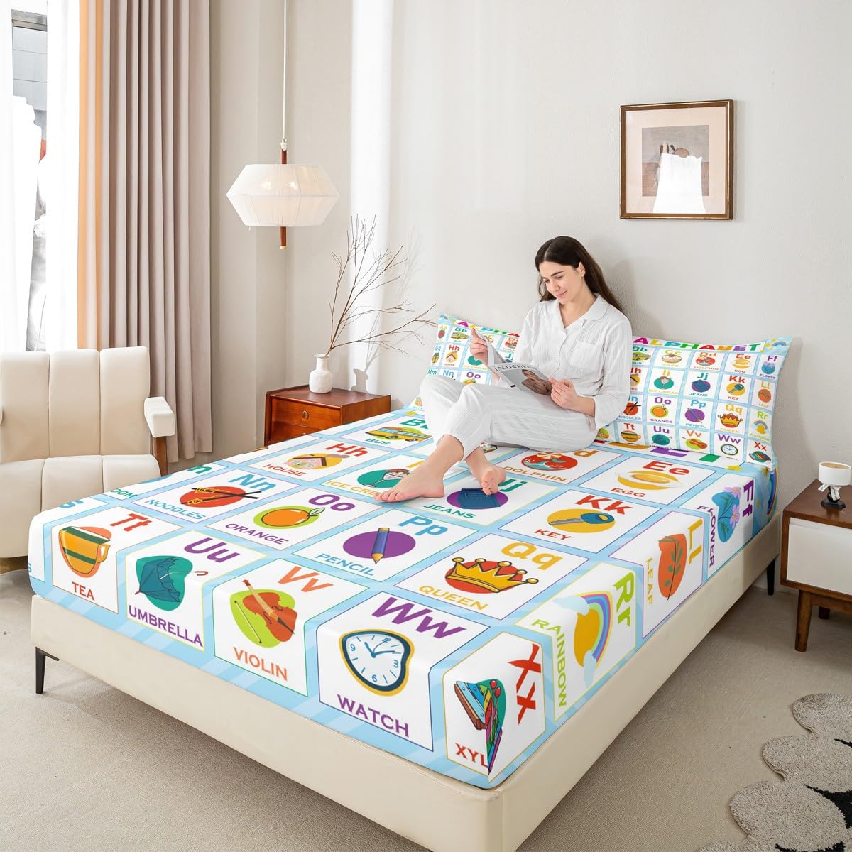 Alphabet Fitted Sheet Twin Size, ABC Alphabet Bedding Set Kids Toddler Learning Time Bed Sheet Set Educational Learning Bed Cover Lightweight Bed Set (No Flat Sheet)