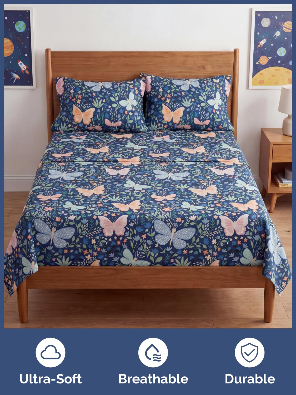 CGK Unlimited Kids Butterfly Meadow Queen 4 Piece Sheet Set - Boys, Girls, Teens, Toddler - Easy Fit Deep Pockets - Soft, Cooling & Breathable Sheets - Cozy, Fade and Wrinkle Free - Machine Washable