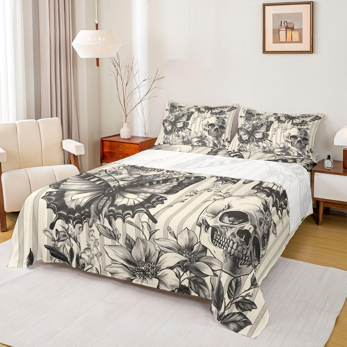 jejeloiu Black Skull and Butterfly Bed Sheets Set Queen Size Happy Halloween Bed Set Grey and White Deep Pocket Fitted Sheet Breathable Soft Lightweight Microfiber
