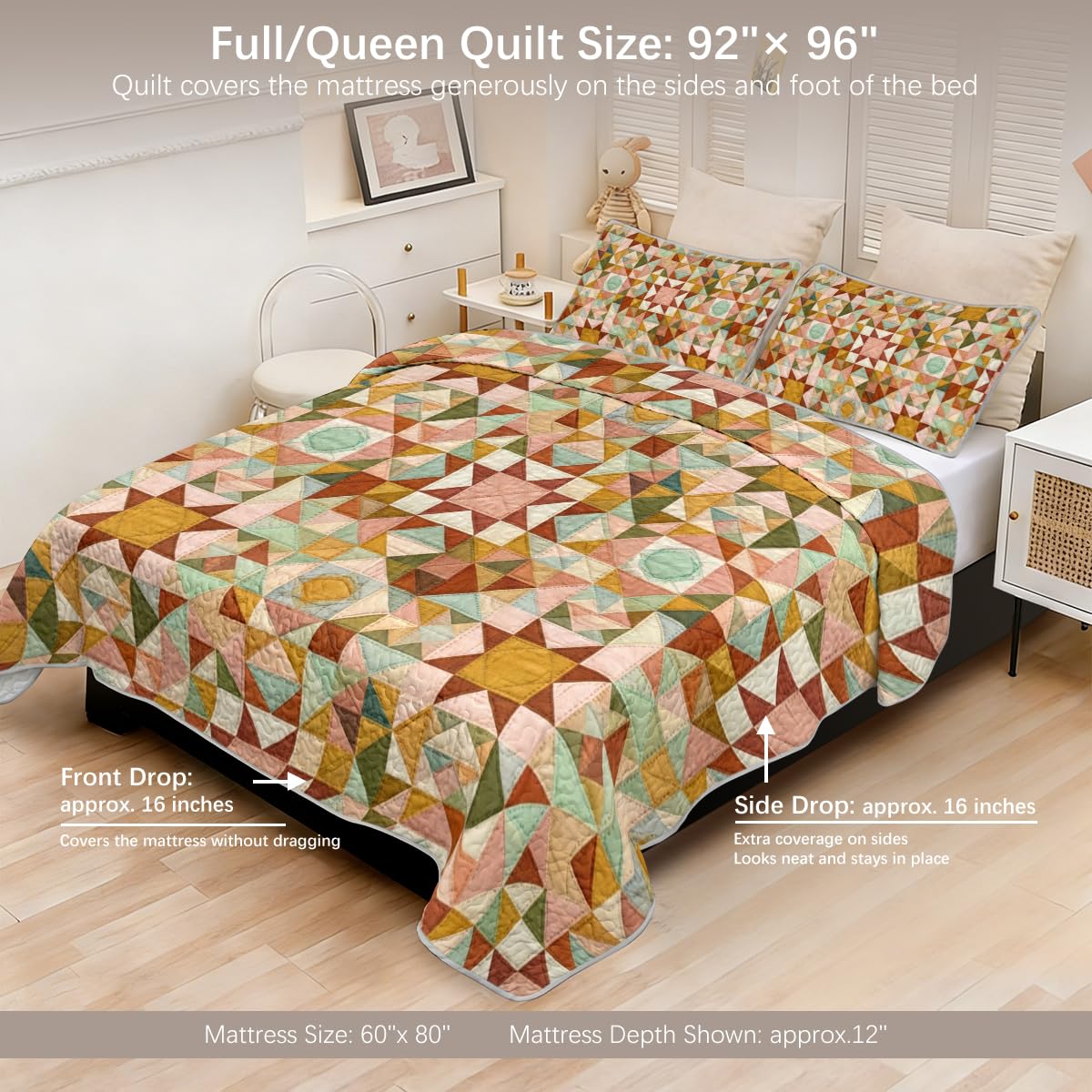 Quilt Set Rustic Geometric Star Patchwork Bedspread for Farmhouse Bedroom Decor, Soft Lightweight Microfiber Coverlet with Matching Shams, Easy Care Machine Washable, Full/Queen