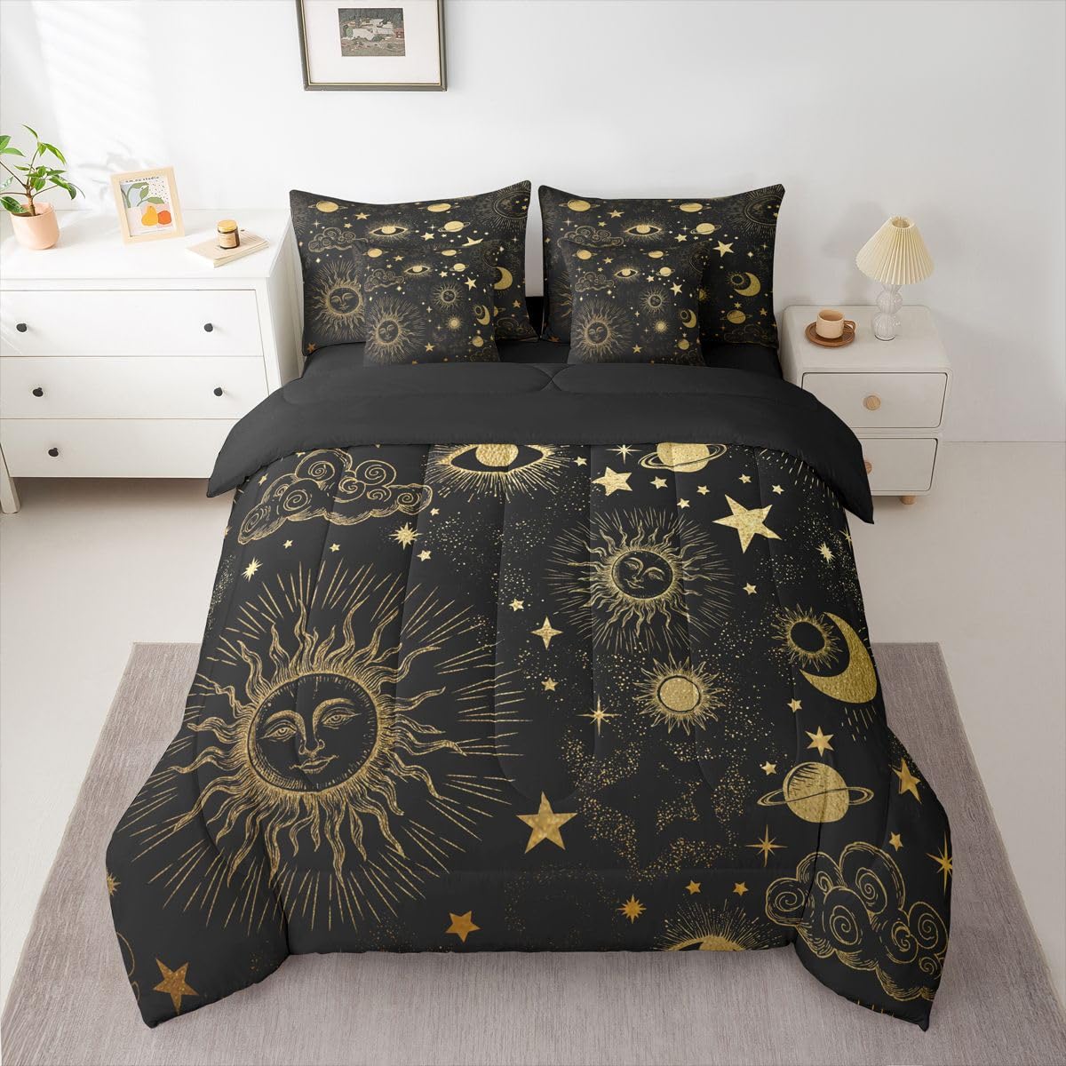 Erosebridal Sun and Moon Queen Comforter Set with Sheets | Starry Sky Series Stars 7-Piece Bedding Set Bohemian Bed in a Bag, Gold Sun Face Pattern Galaxy Cosmic Planets Bed Sets