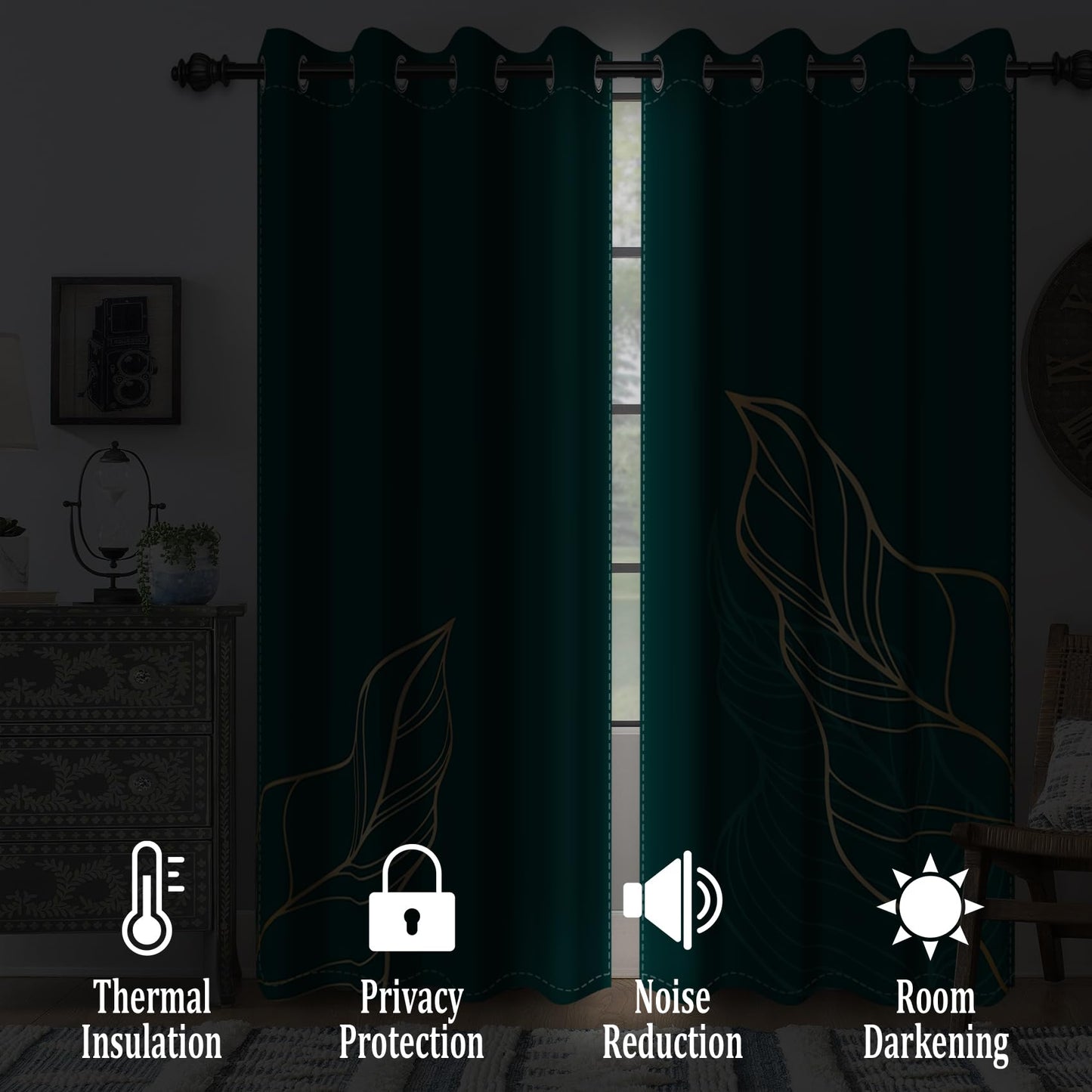 Renaiss Dark Green Blackout Curtains for Bedroom Golden Leaves Line Window Curtain Insulated Thermal Window Drapes for Living Room Decor Darkening Curtains 2 Panels Set, 42x63 Inch