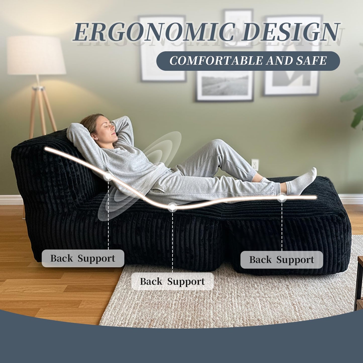 Large Memory Foam Bean Bag Chair for Adults – Big Lounger Sofa Seat for Living Room, Bedroom, or Balcony (Black)