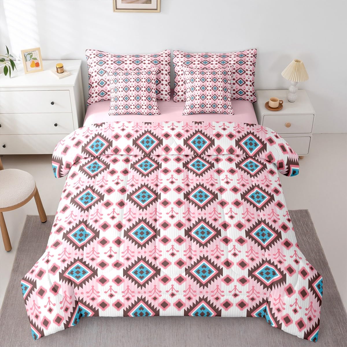 Erosebridal Boho Aztec Bed in A Bag King 7 Pcs Bohemian Southwestern Comforter Set for Women Men Western Ethnic Tribal Mexican Bedding Sets Pink Cowgirl Geometric Diamond Sheet Set with Comforter