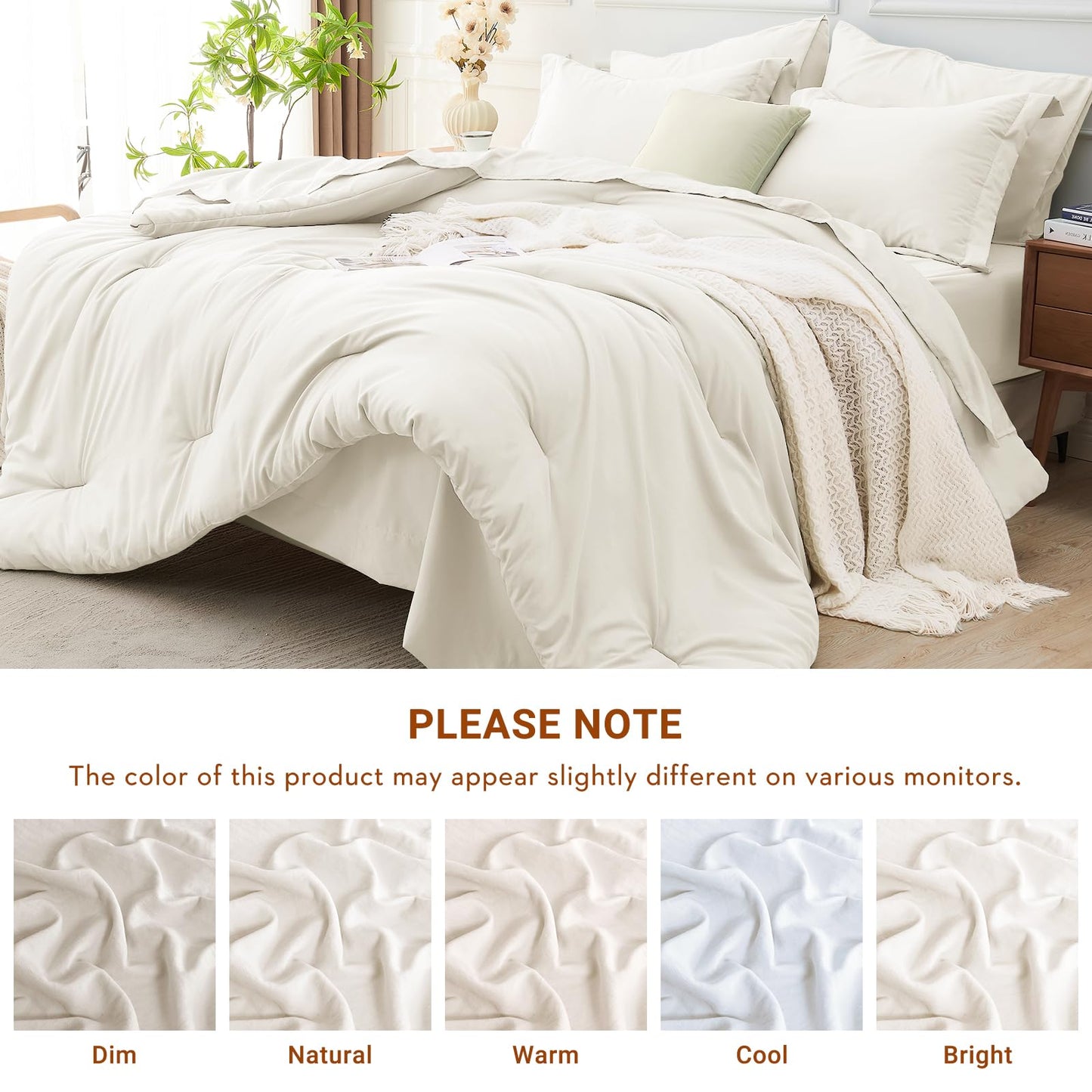 MUXHOMO 7 Pieces Queen Comforter Set, Soft Bed in a Bag Queen Size, All Season Bedding Set with Comforter, Flat Sheet, Fitted Sheet, Pillowcases & Shams, Ivory