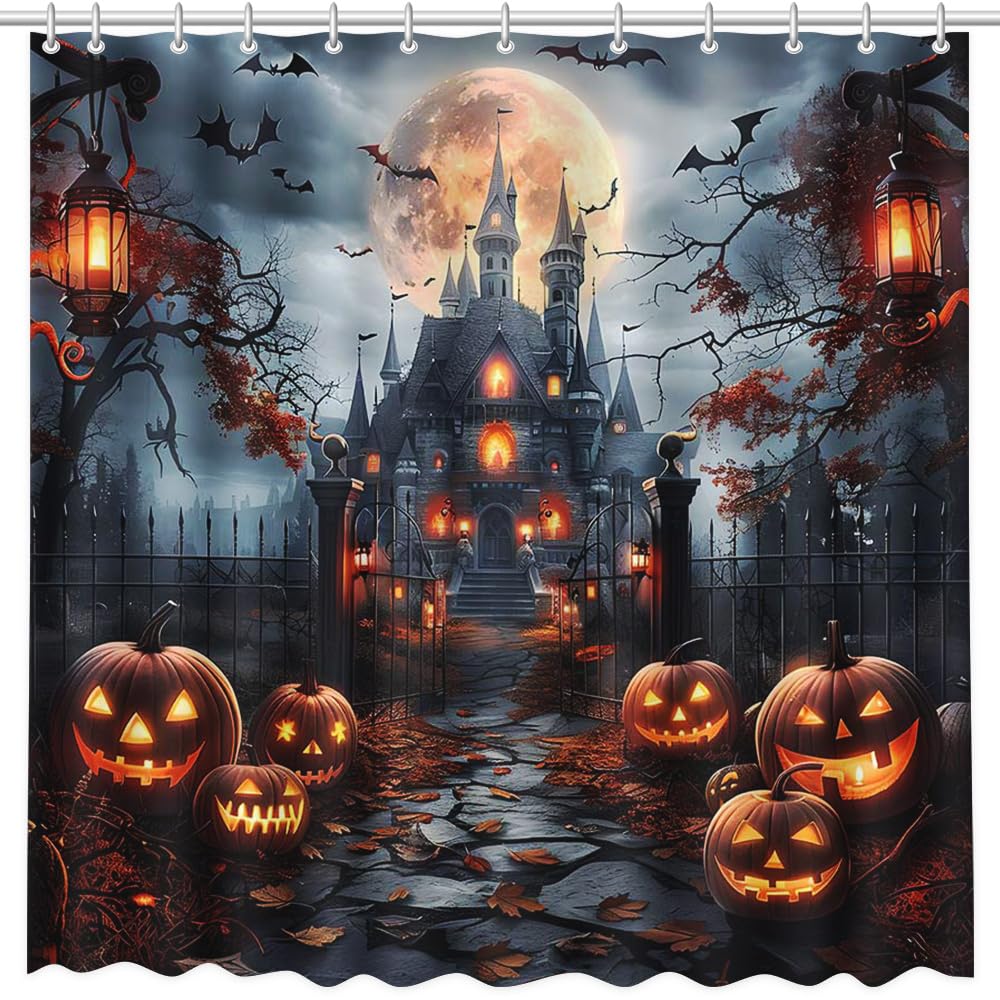 MEHOFOND Halloween Shower Curtain Scary Haunted House Evil Pumpkin Shower Curtains for Bathroom Scary Castle Horror Pumpkin Lantern Spooky Full Moon Night Gothic Dead Tree Bathroom Decor 72Wx72H Inch