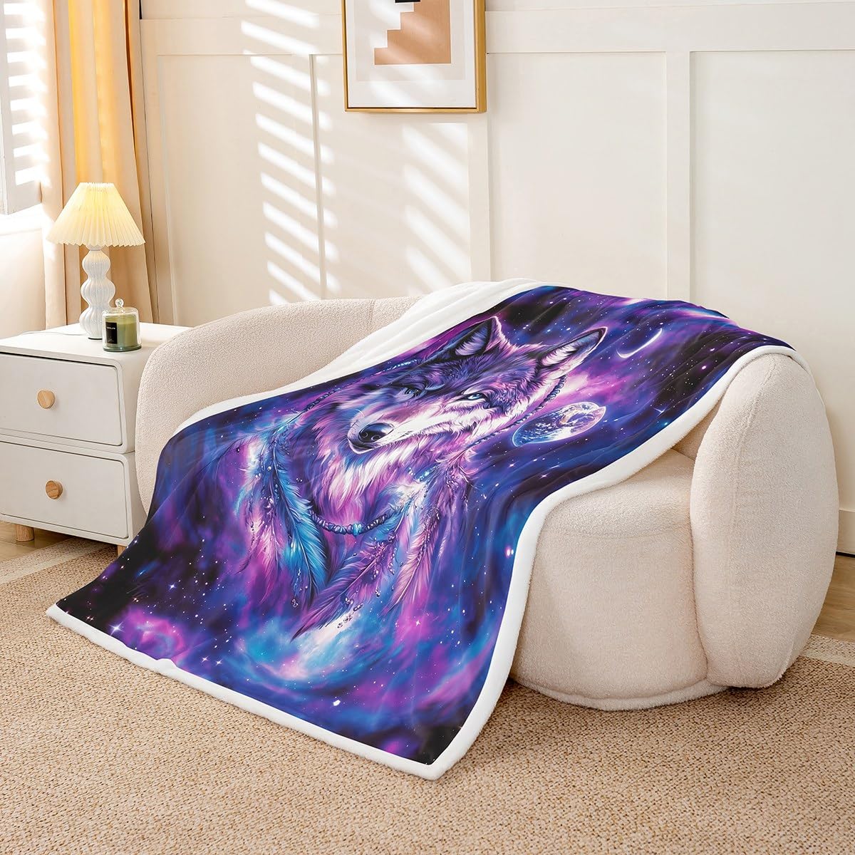 Erosebridal Twin Size Wolf Fuzzy Plush Throw Tribal Animal Fleece Blanket Bohemian Feather Wildlife Sherpa Blanket for Kids Adult Women Men Starry Sky,Purple Decor for Sofa Couch Decor