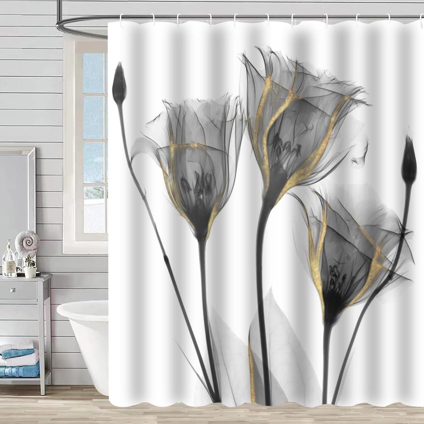 ZCHOMI Grey Floral Shower Curtain Watercolor Tulip Flower Shower Curtains for Bathroom Waterproof Polyester Fabric Bathroom Curtain 72 x 72 Inch with 12 Plastic Hooks