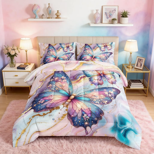 HOSIMA Butterfly Queen Comforter Set,Two Colorful Butterflies Print Golden Marble Grain Ink Fluid Art Bedding,Pink Fluffy Comforter Aesthetic Room Decor for Teen Girls with 2 Pillowcases.