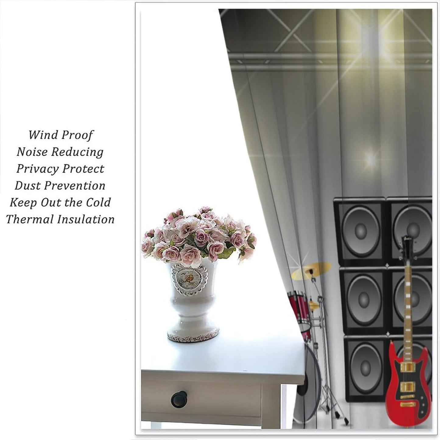 Djaby Rock Music Curtains, Teens Boys Electronic Musical Instrument Curtain Guitar Drum Speaker Window Drapes for Bedroom Living Room 42" W X 45" L(No Blackout)