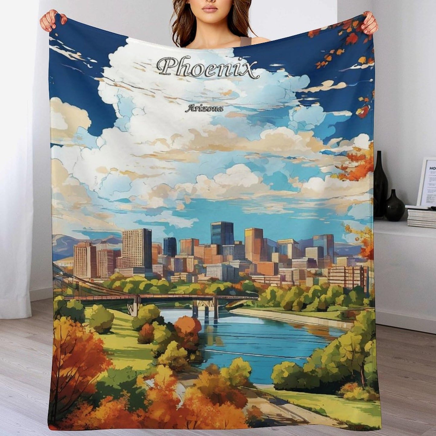 Phoenix Arizona City Skyline Landscape Abstract Blanket Soft Flannel Lightweight Blanket Outdoor Travel Carry Living Room Bedroom Sofa Decoration Gifts 50x60 Inch